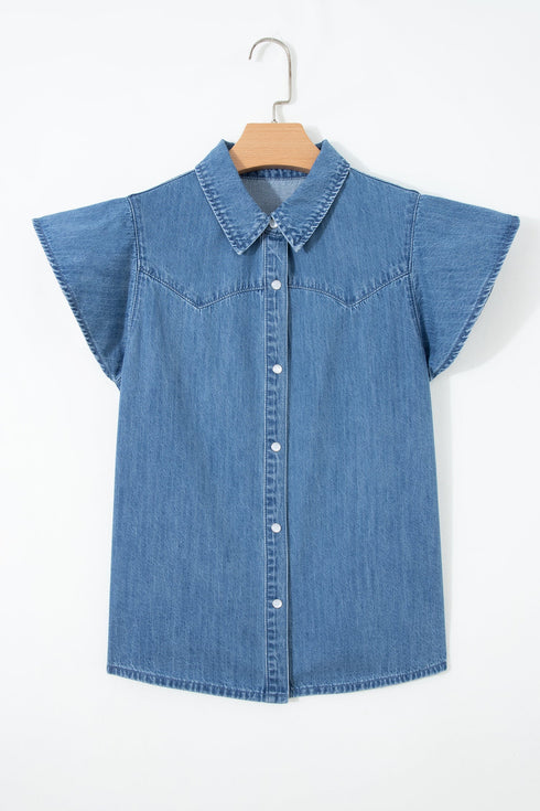 Solid Ruffled Short Sleeve Western Denim Shirt