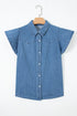 Solid Ruffled Short Sleeve Western Denim Shirt