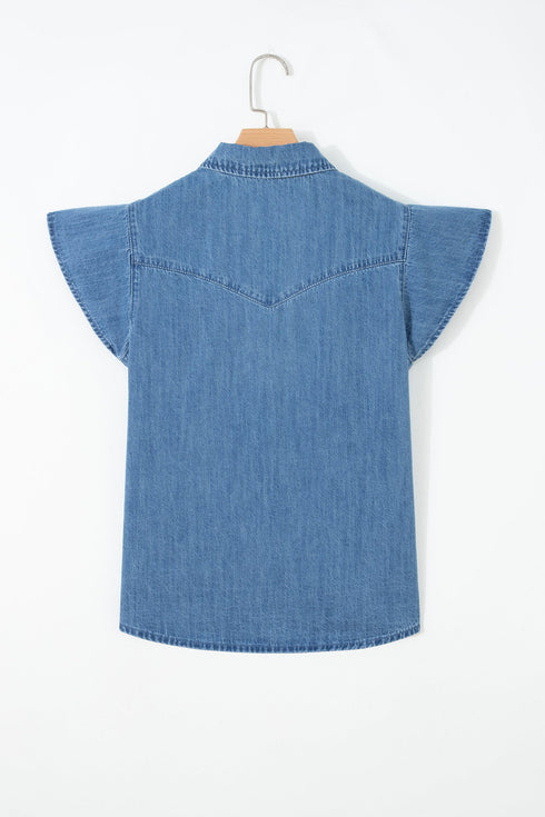 Solid Ruffled Short Sleeve Western Denim Shirt