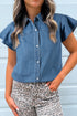 Solid Ruffled Short Sleeve Western Denim Shirt