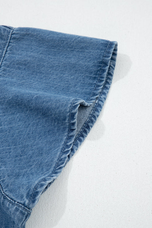 Solid Ruffled Short Sleeve Western Denim Shirt