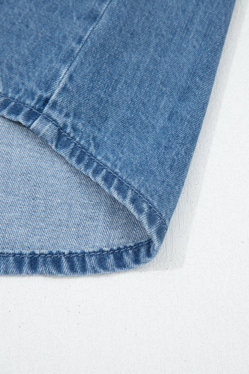 Solid Ruffled Short Sleeve Western Denim Shirt