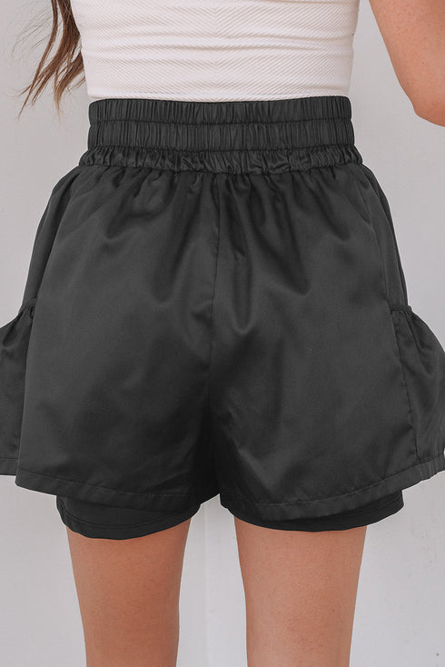 Solid Satin Elastic High Waist Pocketed Casual Shorts