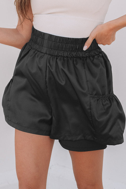 Solid Satin Elastic High Waist Pocketed Casual Shorts