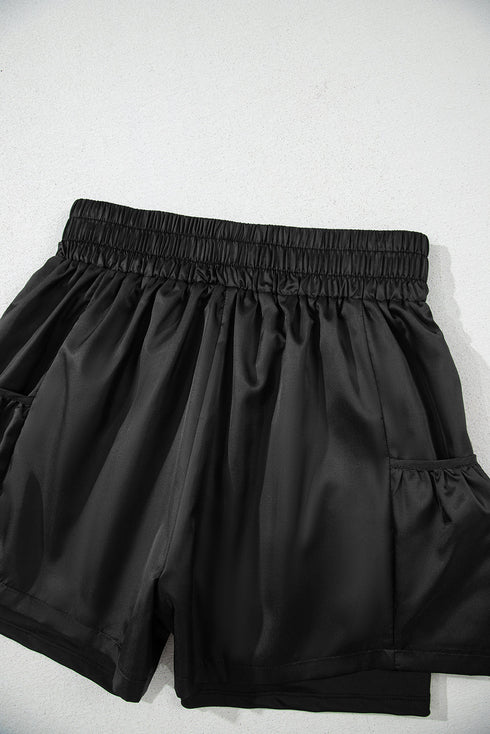 Solid Satin Elastic High Waist Pocketed Casual Shorts