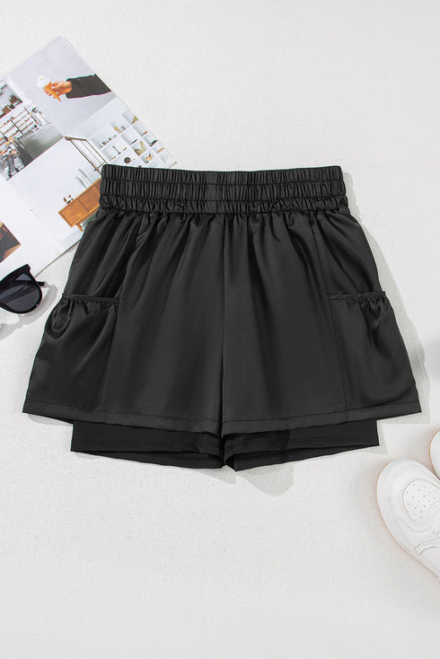 Solid Satin Elastic High Waist Pocketed Casual Shorts