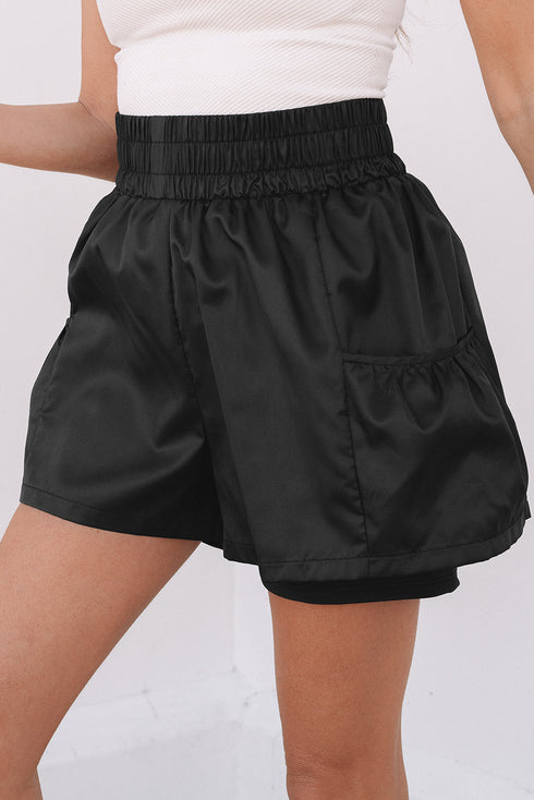 Solid Satin Elastic High Waist Pocketed Casual Shorts