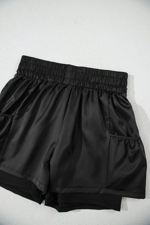 Solid Satin Elastic High Waist Pocketed Casual Shorts