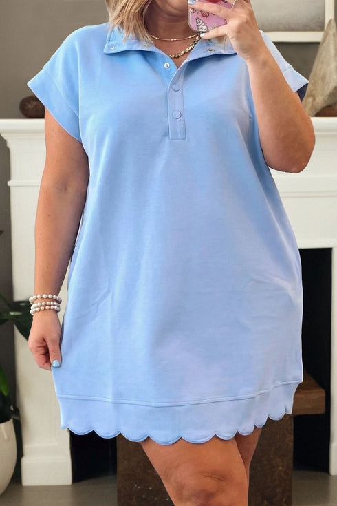 Solid Scalloped Hem Button Neck Pullover Mini Dress