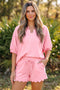 Solid Scalloped V Neck Dolman Oversize Drawstring Short Set