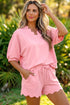 Solid Scalloped V Neck Dolman Oversize Drawstring Short Set