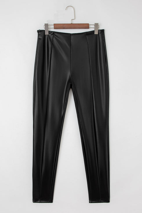 Solid Seamed High Waist Faux PU Leather Leggings