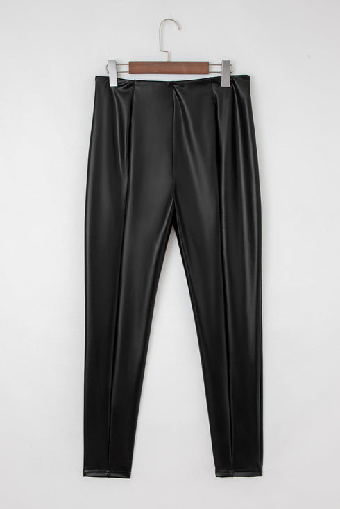 Solid Seamed High Waist Faux PU Leather Leggings