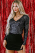 Solid Sequin Zipped V Neck Long Sleeve Bodysuit