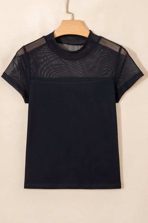 Solid Sheer Mesh Patchwork Cap Sleeve Tee