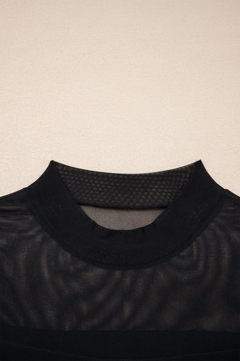 Solid Sheer Mesh Patchwork Cap Sleeve Tee