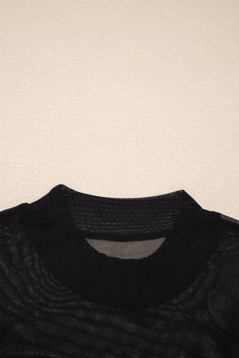 Solid Sheer Mesh Patchwork Cap Sleeve Tee