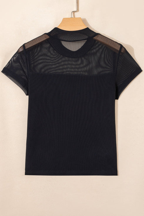 Solid Sheer Mesh Patchwork Cap Sleeve Tee