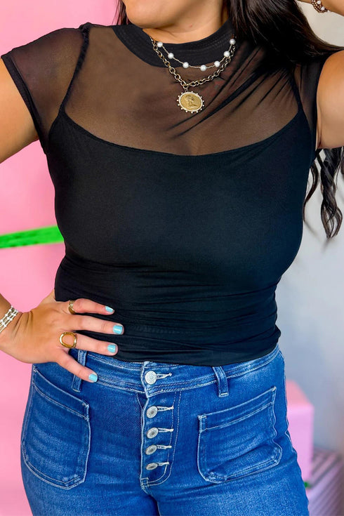 Solid Sheer Mesh Patchwork Cap Sleeve Tee