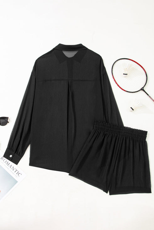 Solid Sheer Tunic Drawstring Shorts Two Piece Beach Cover Up