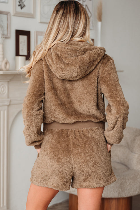 Solid Sherpa Fleece Zip Up Hoodie Loungewear Short Set