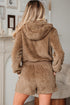 Solid Sherpa Fleece Zip Up Hoodie Loungewear Short Set