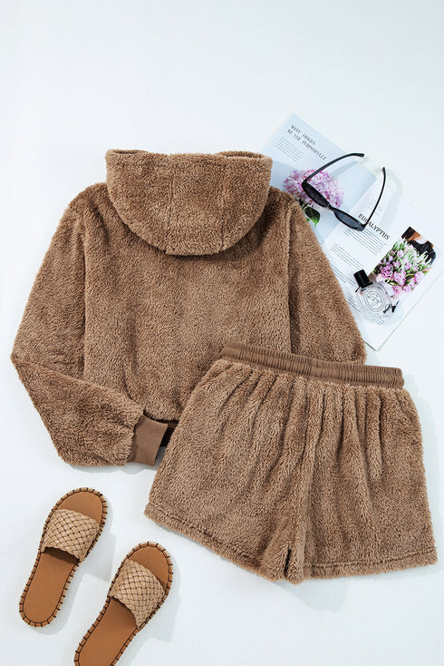 Solid Sherpa Fleece Zip Up Hoodie Loungewear Short Set
