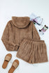 Solid Sherpa Fleece Zip Up Hoodie Loungewear Short Set