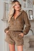 Solid Sherpa Fleece Zip Up Hoodie Loungewear Short Set