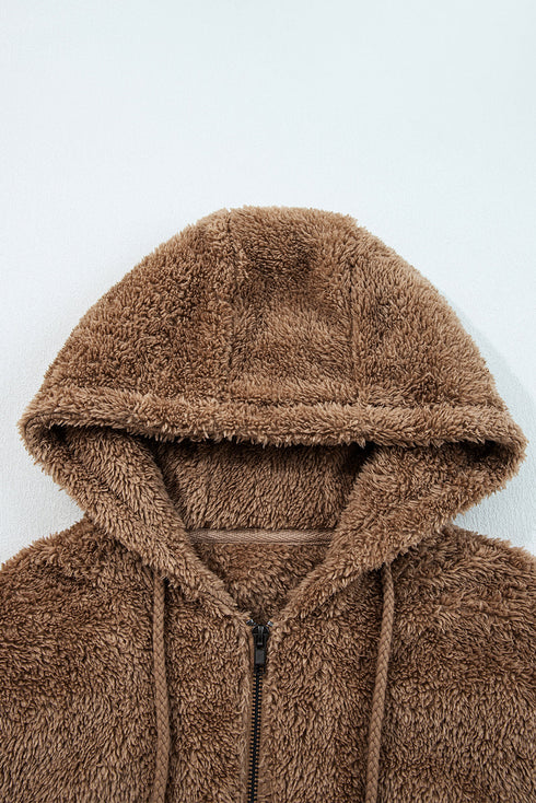 Solid Sherpa Fleece Zip Up Hoodie Loungewear Short Set