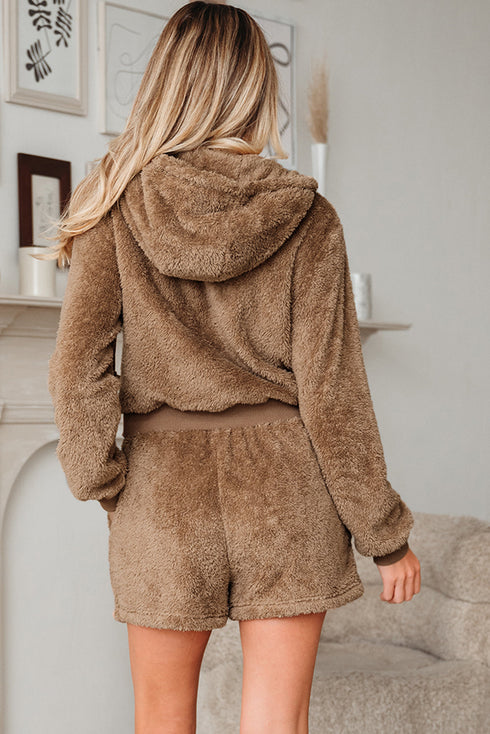 Solid Sherpa Fleece Zip Up Hoodie Loungewear Short Set