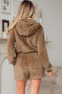 Solid Sherpa Fleece Zip Up Hoodie Loungewear Short Set
