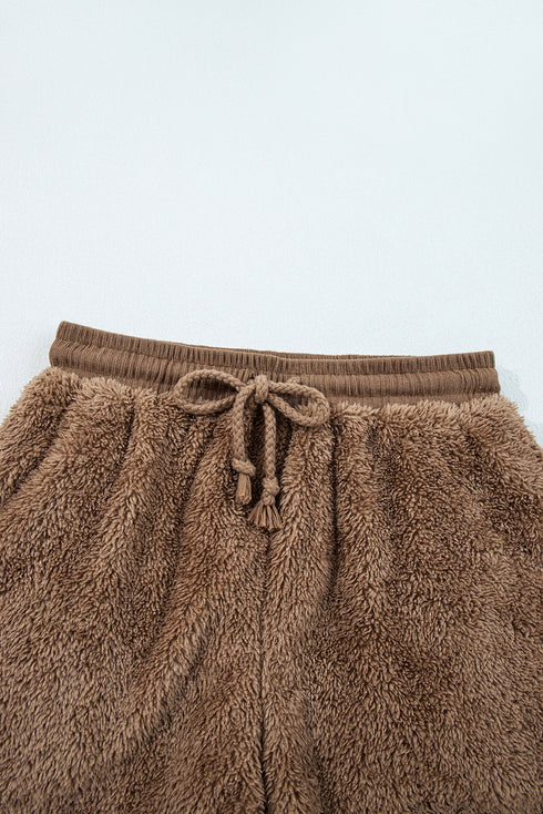 Solid Sherpa Fleece Zip Up Hoodie Loungewear Short Set