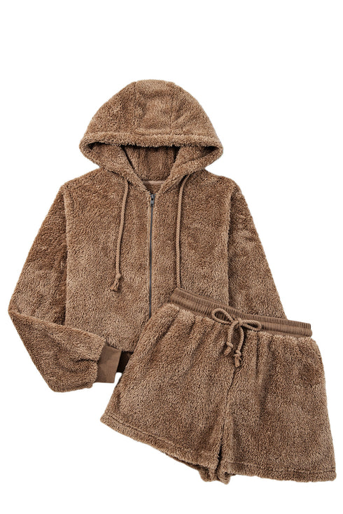 Solid Sherpa Fleece Zip Up Hoodie Loungewear Short Set