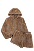 Solid Sherpa Fleece Zip Up Hoodie Loungewear Short Set