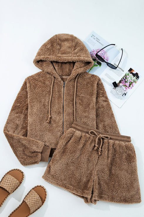 Solid Sherpa Fleece Zip Up Hoodie Loungewear Short Set