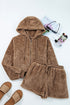 Solid Sherpa Fleece Zip Up Hoodie Loungewear Short Set