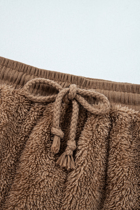 Solid Sherpa Fleece Zip Up Hoodie Loungewear Short Set