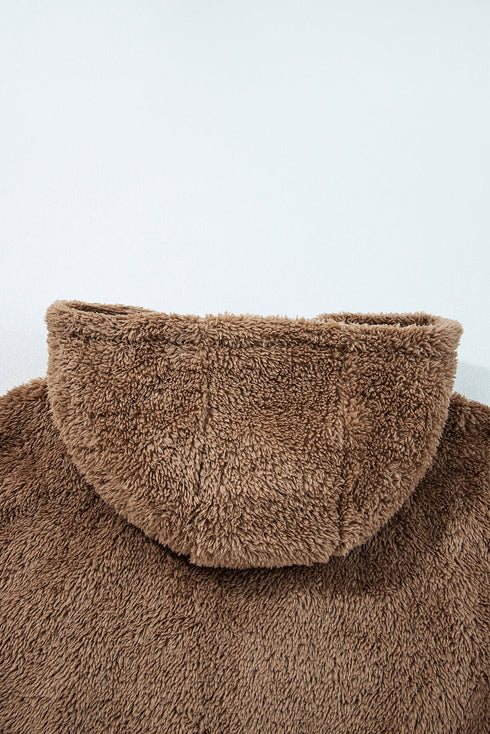 Solid Sherpa Fleece Zip Up Hoodie Loungewear Short Set