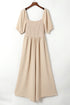 Solid Short Bubble Sleeve Smocked Wide Leg Jumpsuit