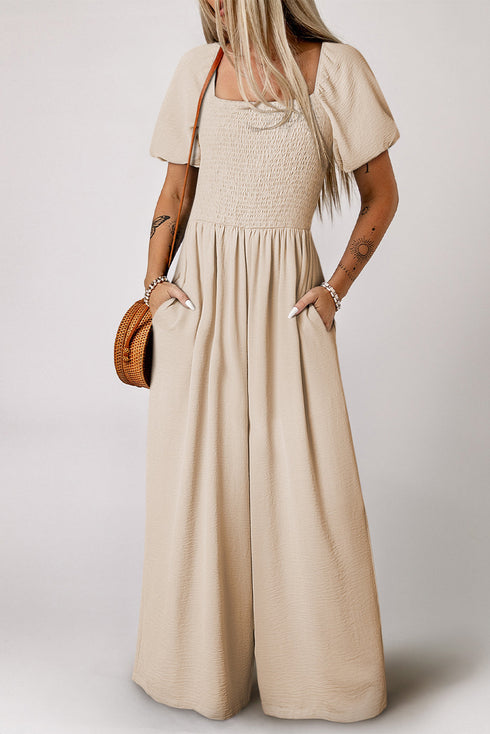 Solid Short Bubble Sleeve Smocked Wide Leg Jumpsuit