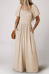 Solid Short Bubble Sleeve Smocked Wide Leg Jumpsuit