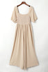 Solid Short Bubble Sleeve Smocked Wide Leg Jumpsuit