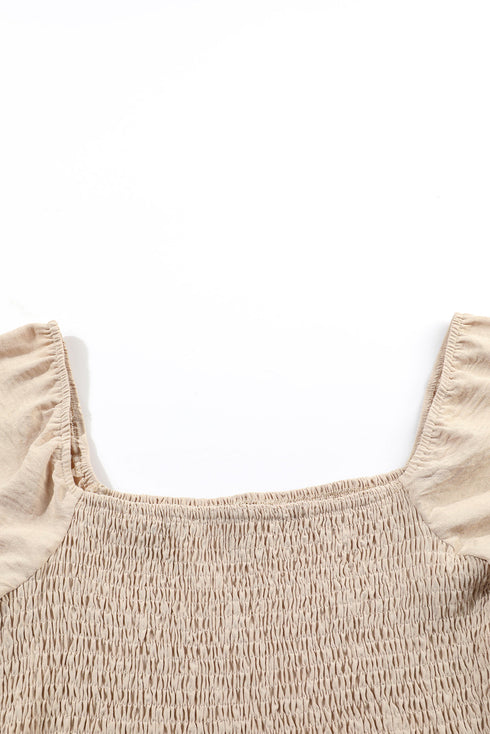 Solid Short Bubble Sleeve Smocked Wide Leg Jumpsuit