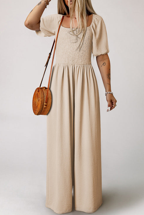 Solid Short Bubble Sleeve Smocked Wide Leg Jumpsuit