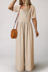Solid Short Bubble Sleeve Smocked Wide Leg Jumpsuit