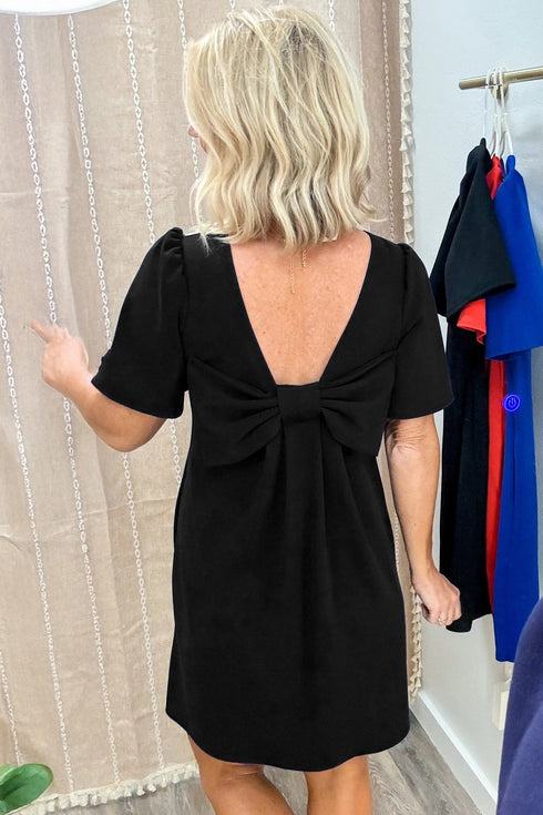 Solid Short Sleeve Backless Bow Decor Shift Mini Dress