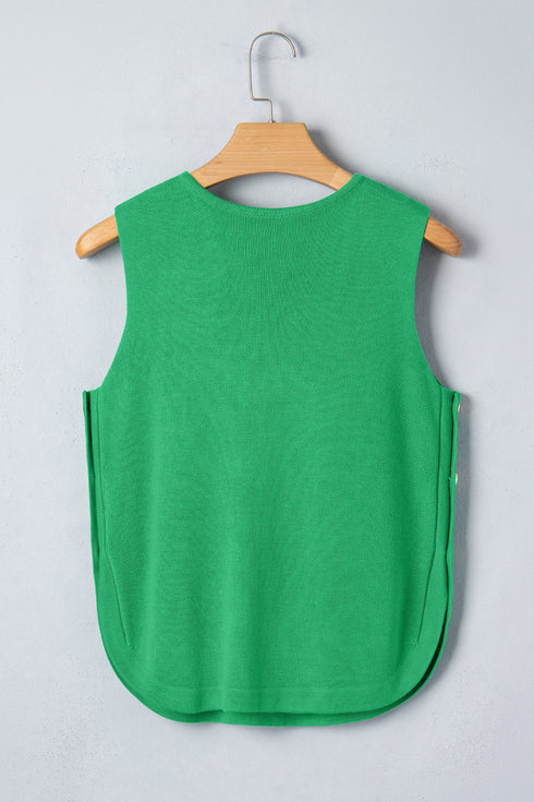 Solid Side Button Round Neck Knit Sleeveless Sweater Vest