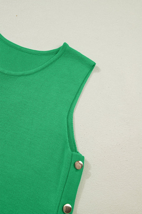 Solid Side Button Round Neck Knit Sleeveless Sweater Vest