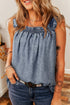 Solid Sleeveless Ruffled Shirred Neckline Denim Tank Top